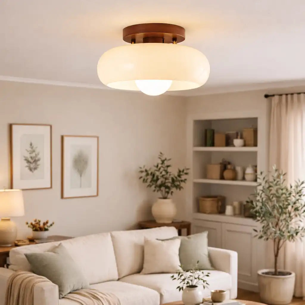 Plafoniera a filo soffitto in stile Bauhaus con paralume in vetro color crema, per camere da letto moderne