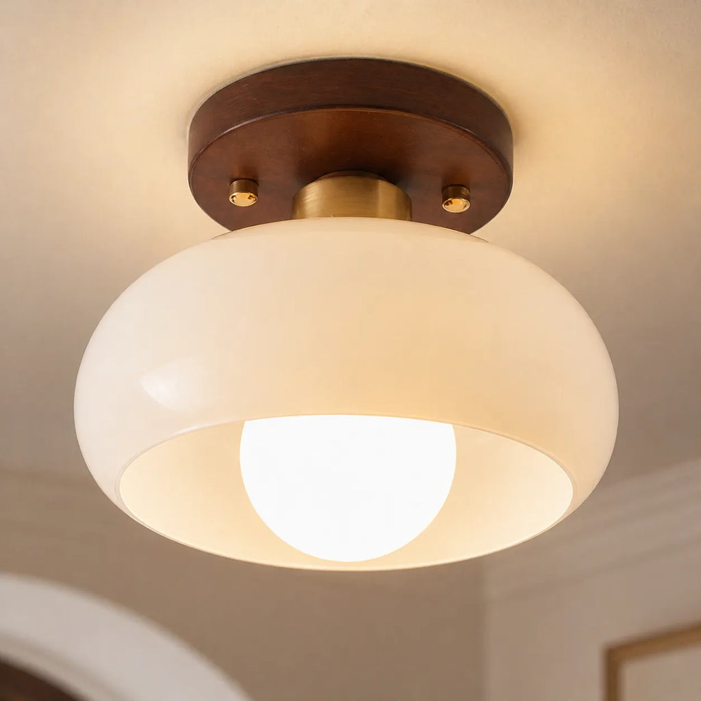 Plafoniera a filo soffitto in stile Bauhaus con paralume in vetro color crema, per camere da letto moderne