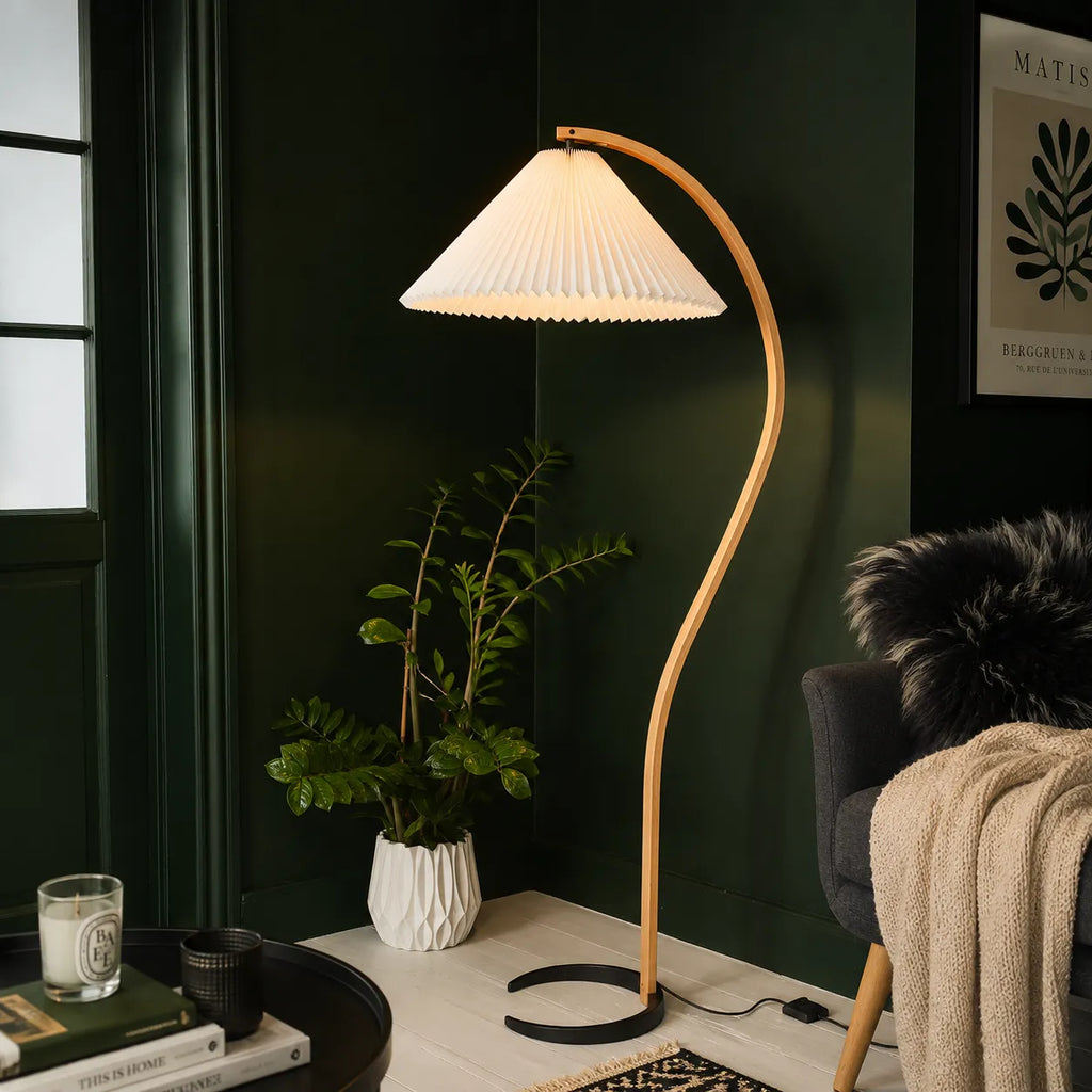 Living Room Floor Lamp with Natural Beech Wood Stem and Linen Shade