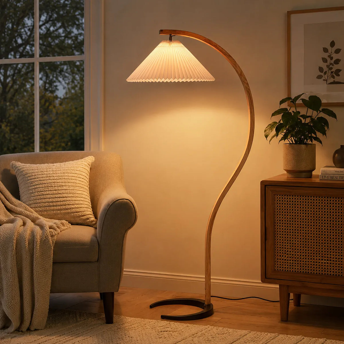 Lámpara de pie para sala con estructura de madera de haya natural y pantalla de lino