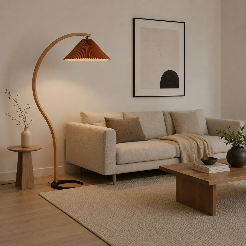 Living Room Floor Lamp with Natural Beech Wood Stem and Linen Shade