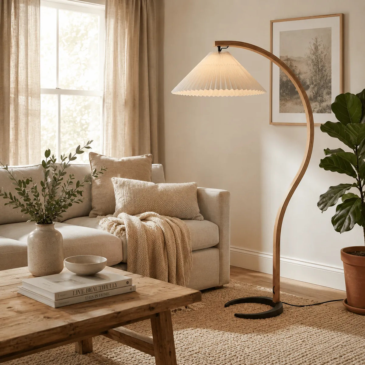 Living Room Floor Lamp with Natural Beech Wood Stem and Linen Shade