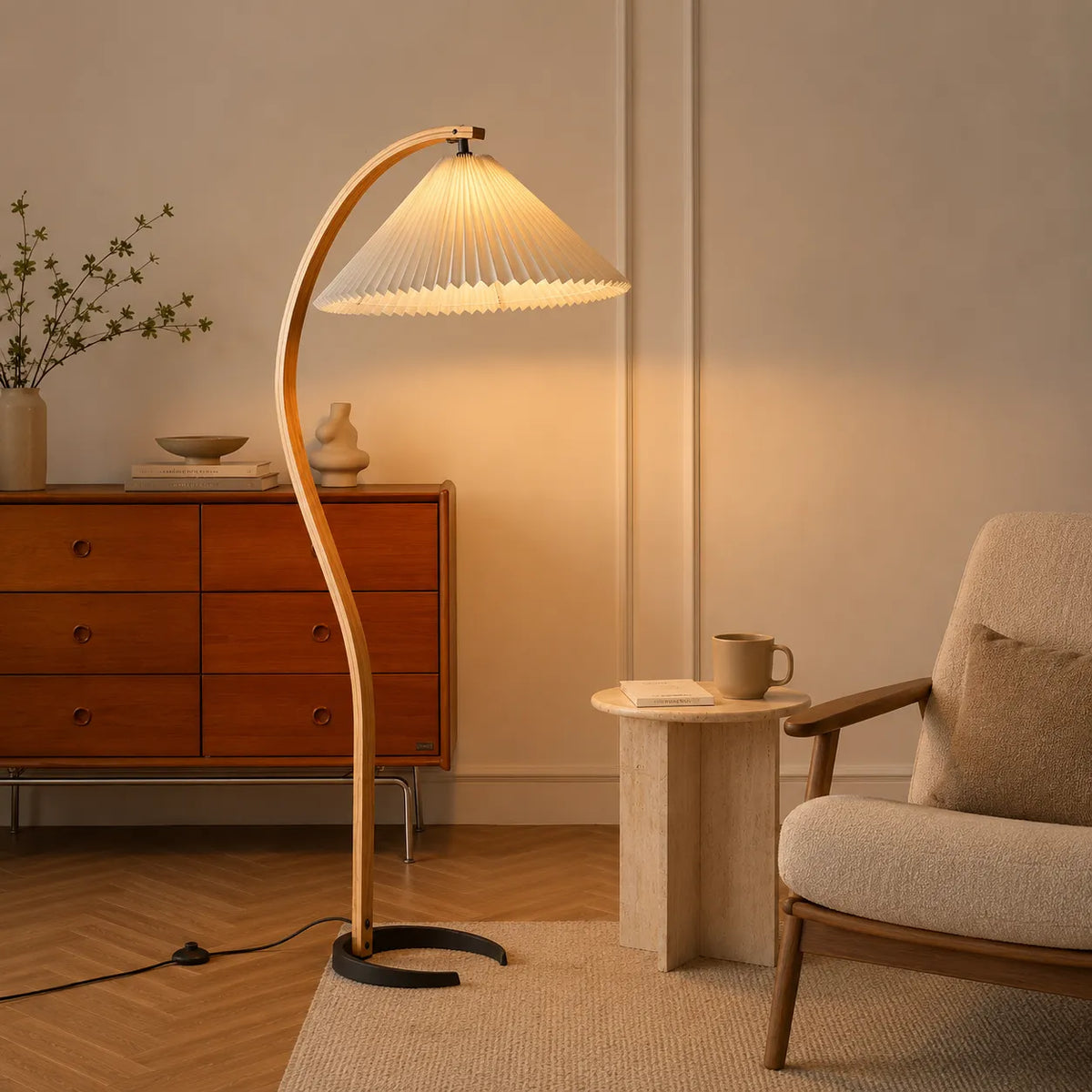 Living Room Floor Lamp with Natural Beech Wood Stem and Linen Shade