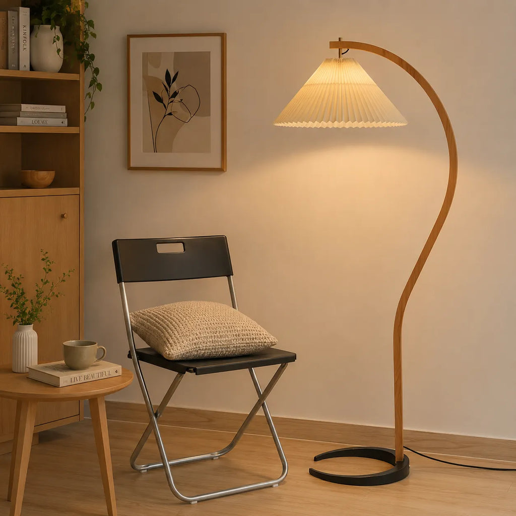 Living Room Floor Lamp with Natural Beech Wood Stem and Linen Shade