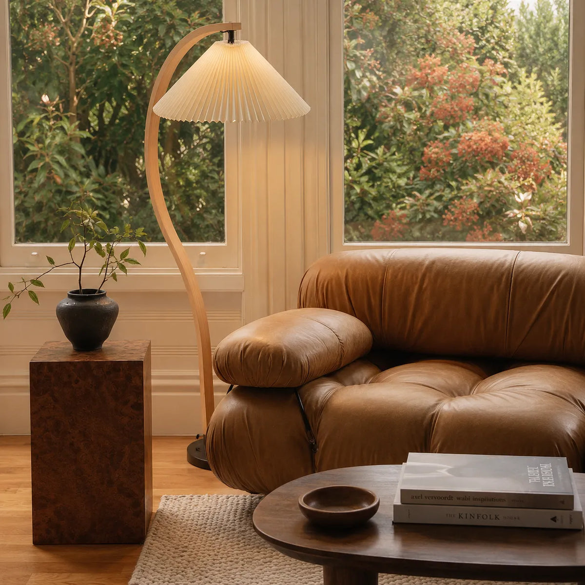 Living Room Floor Lamp with Natural Beech Wood Stem and Linen Shade