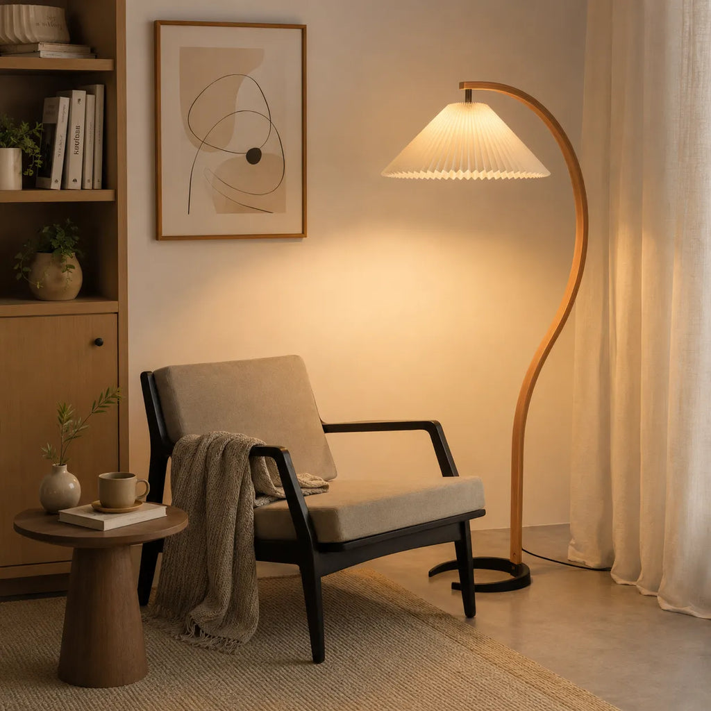 Living Room Floor Lamp with Natural Beech Wood Stem and Linen Shade