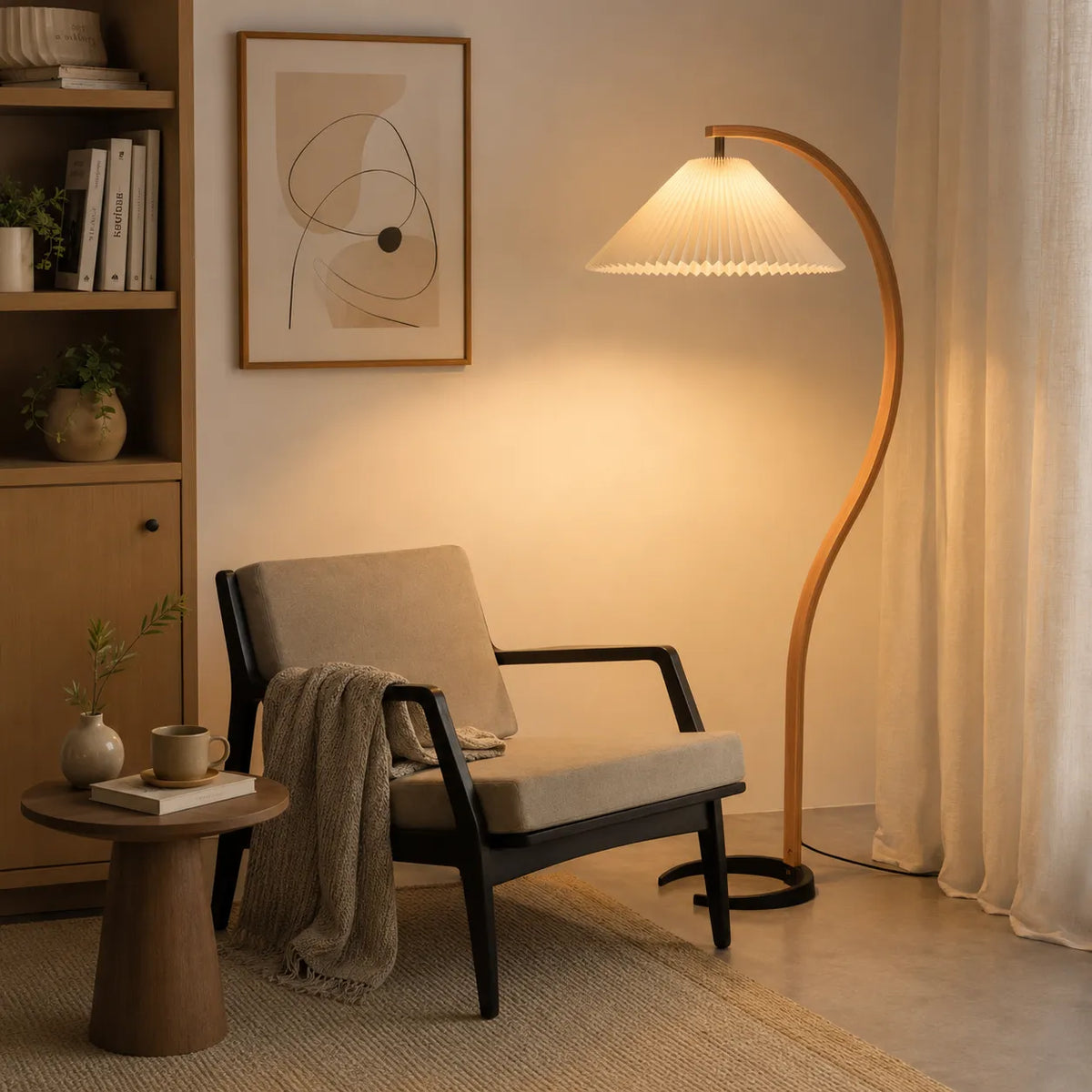 Living Room Floor Lamp with Natural Beech Wood Stem and Linen Shade