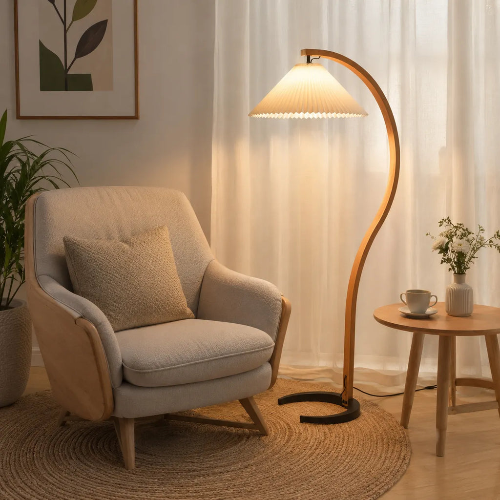 Living Room Floor Lamp with Natural Beech Wood Stem and Linen Shade