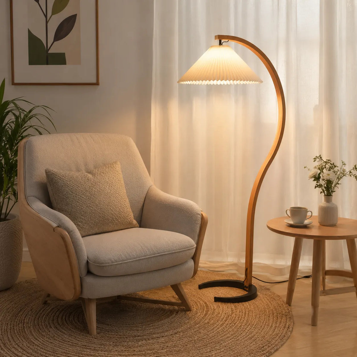 Living Room Floor Lamp with Natural Beech Wood Stem and Linen Shade