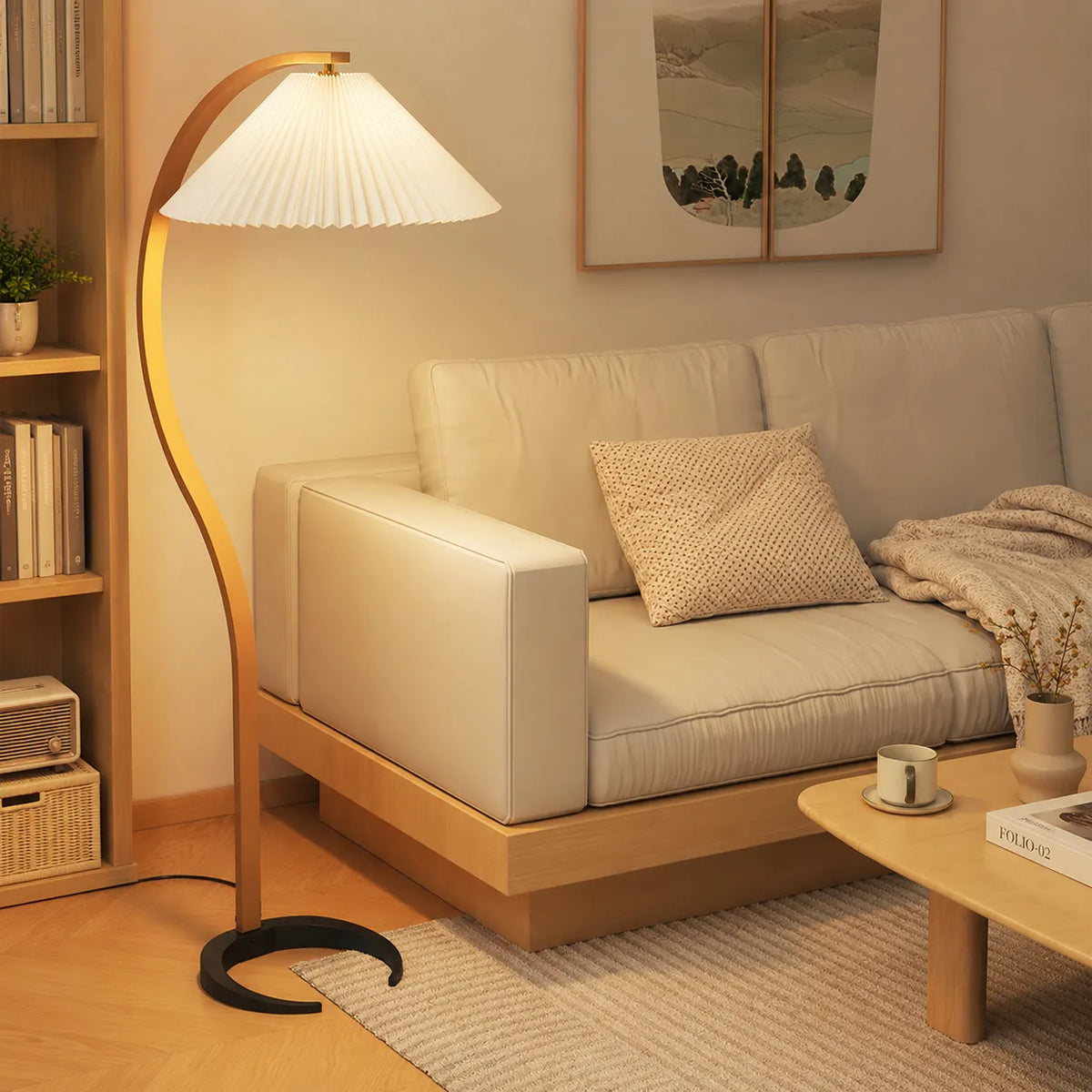 Living Room Floor Lamp with Natural Beech Wood Stem and Linen Shade