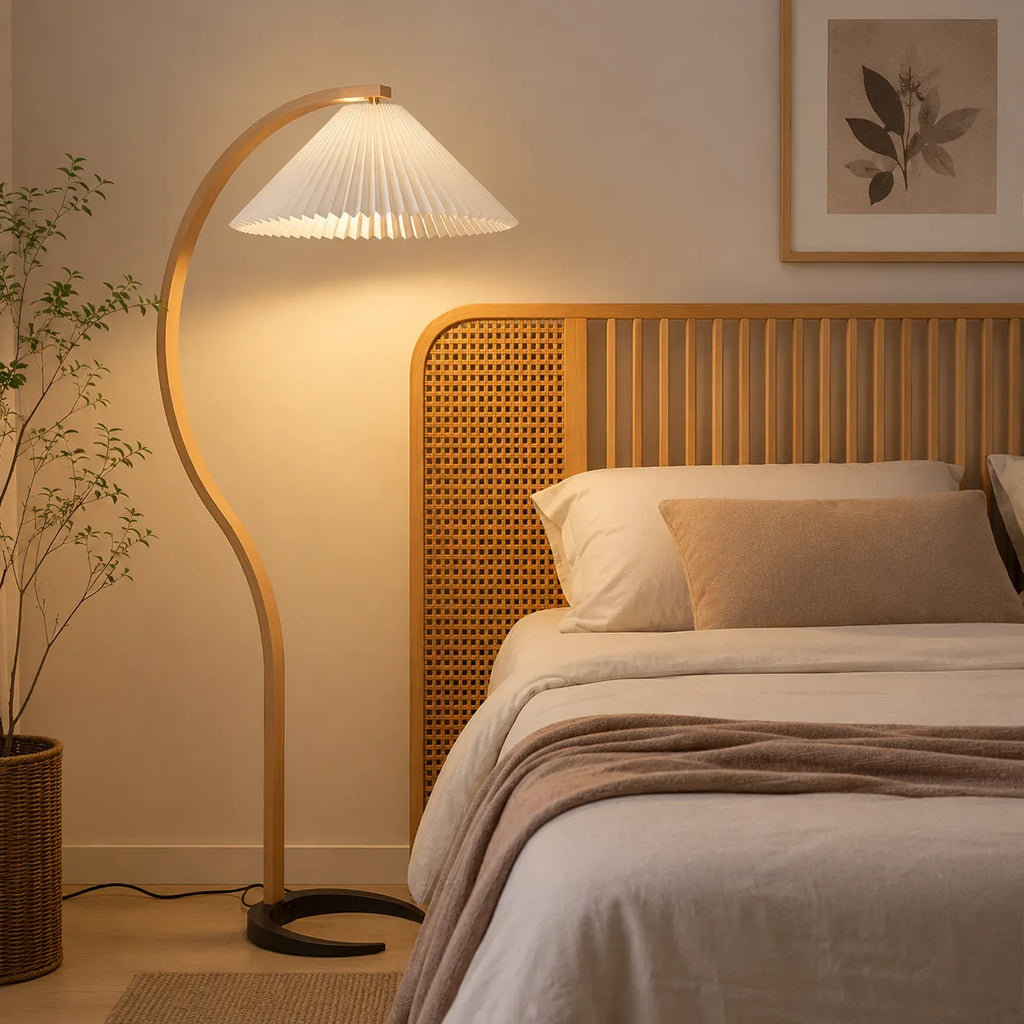 Living Room Floor Lamp with Natural Beech Wood Stem and Linen Shade