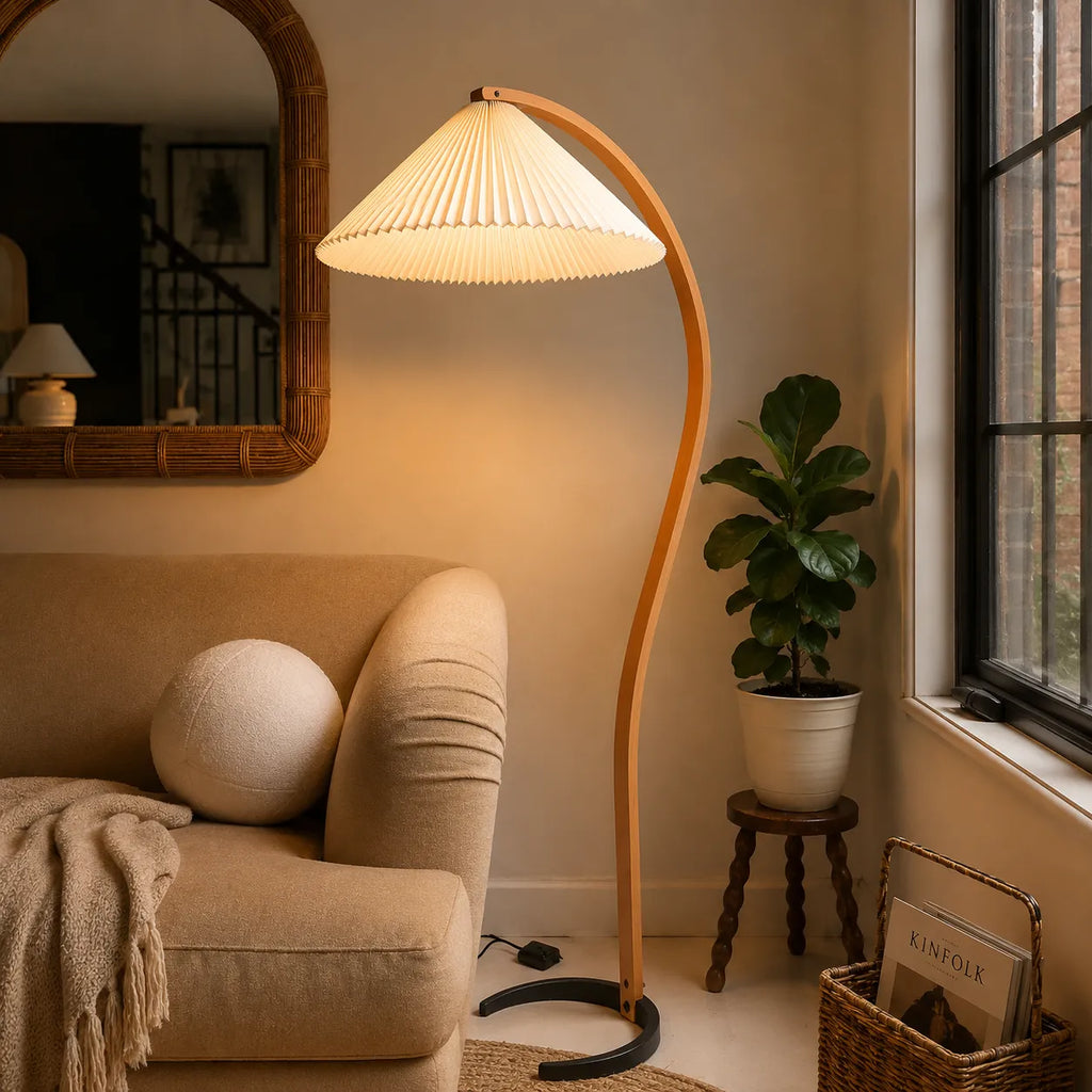 Living Room Floor Lamp with Natural Beech Wood Stem and Linen Shade