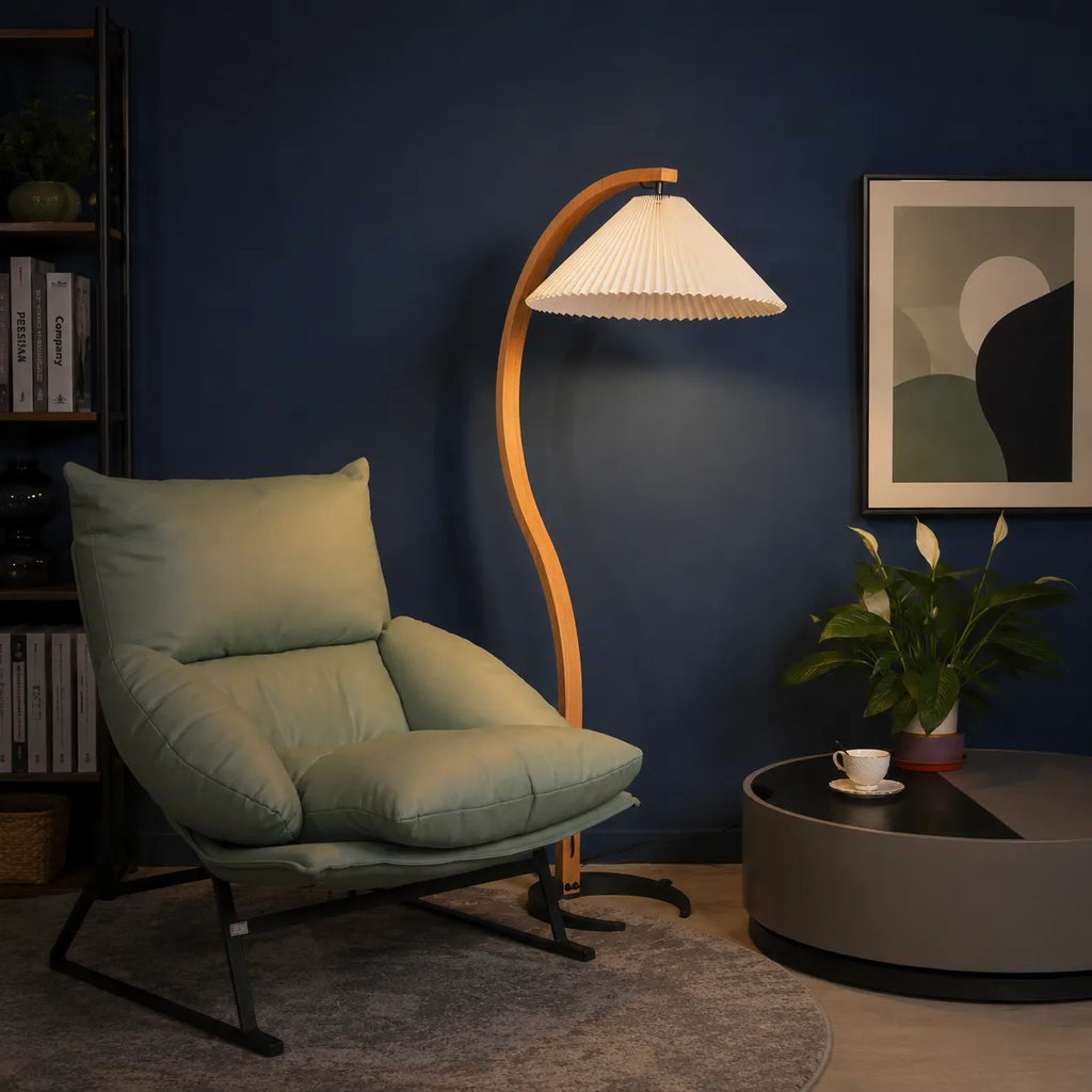 Living Room Floor Lamp with Natural Beech Wood Stem and Linen Shade