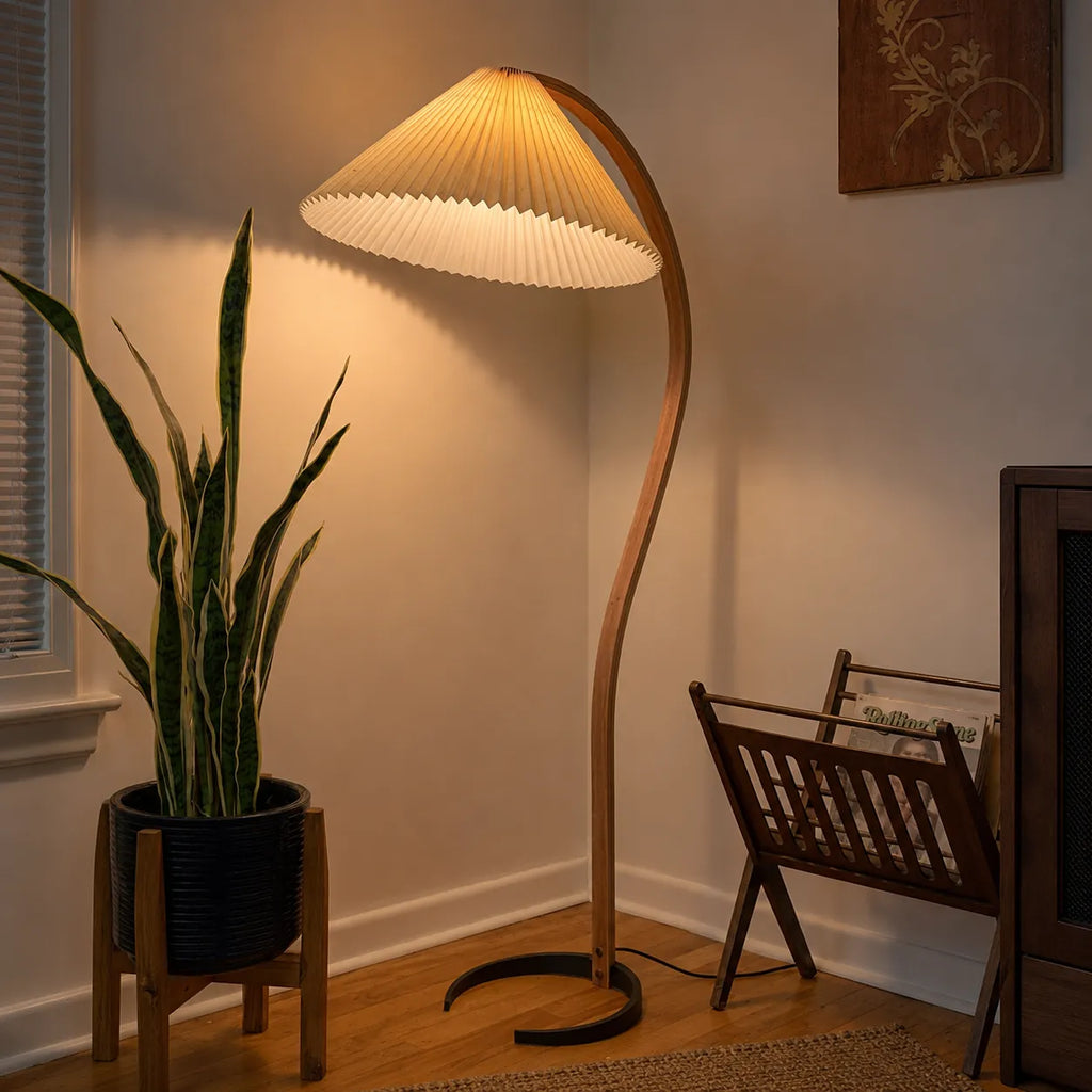 Living Room Floor Lamp with Natural Beech Wood Stem and Linen Shade