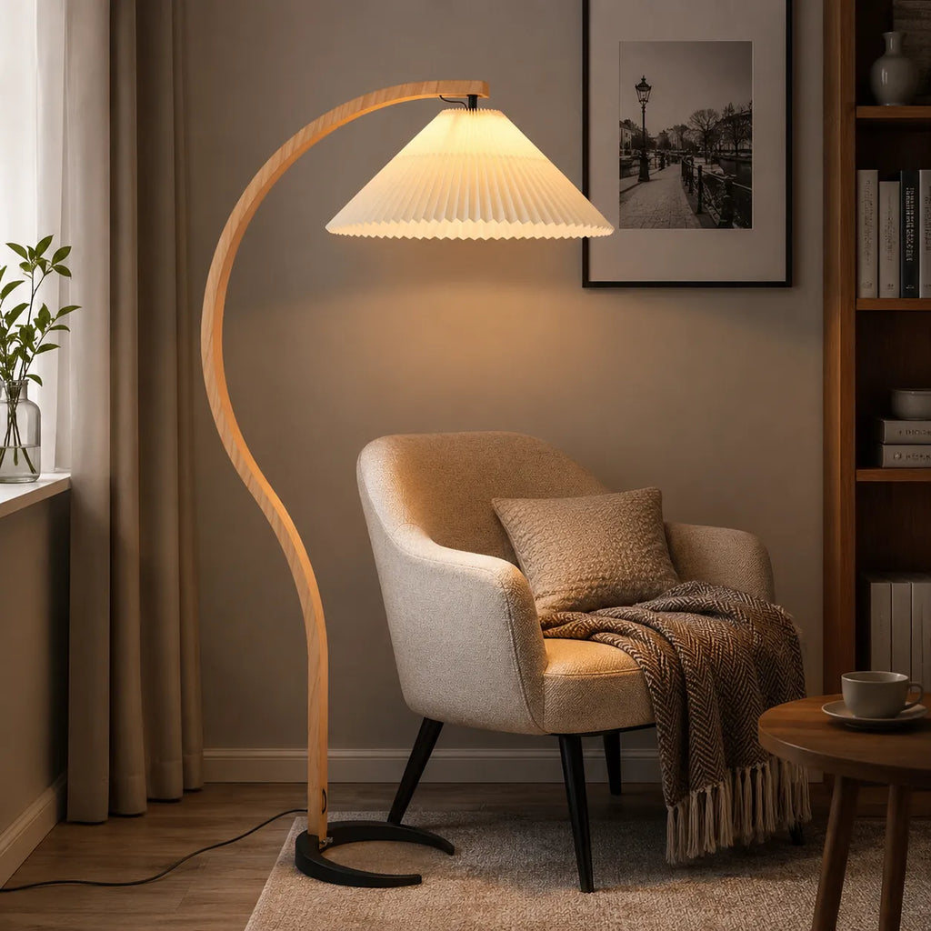 Living Room Floor Lamp with Natural Beech Wood Stem and Linen Shade