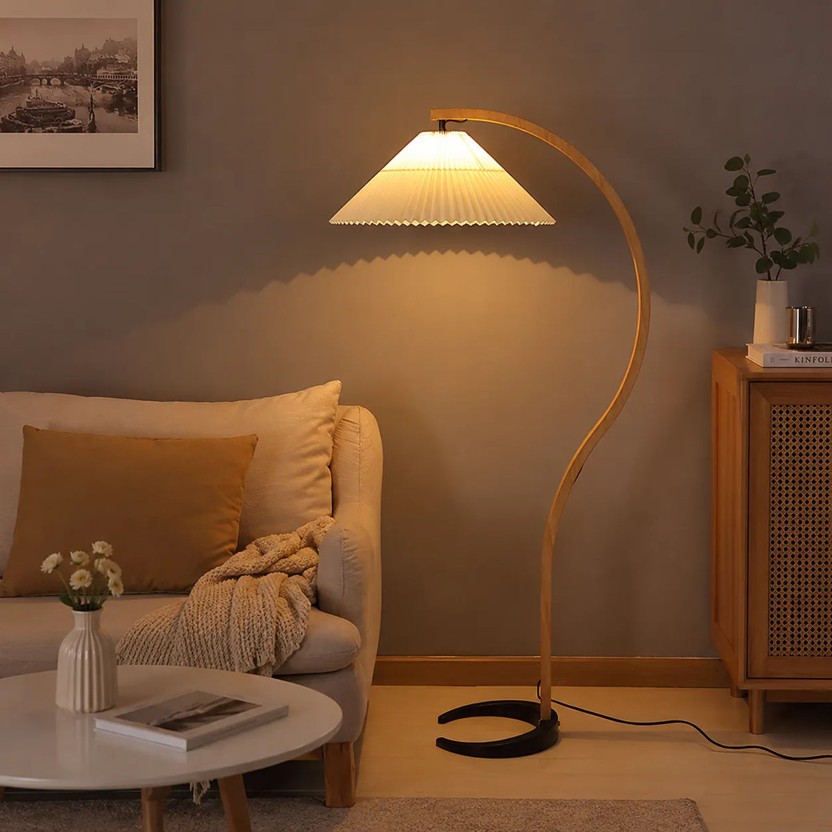 Living Room Floor Lamp with Natural Beech Wood Stem and Linen Shade