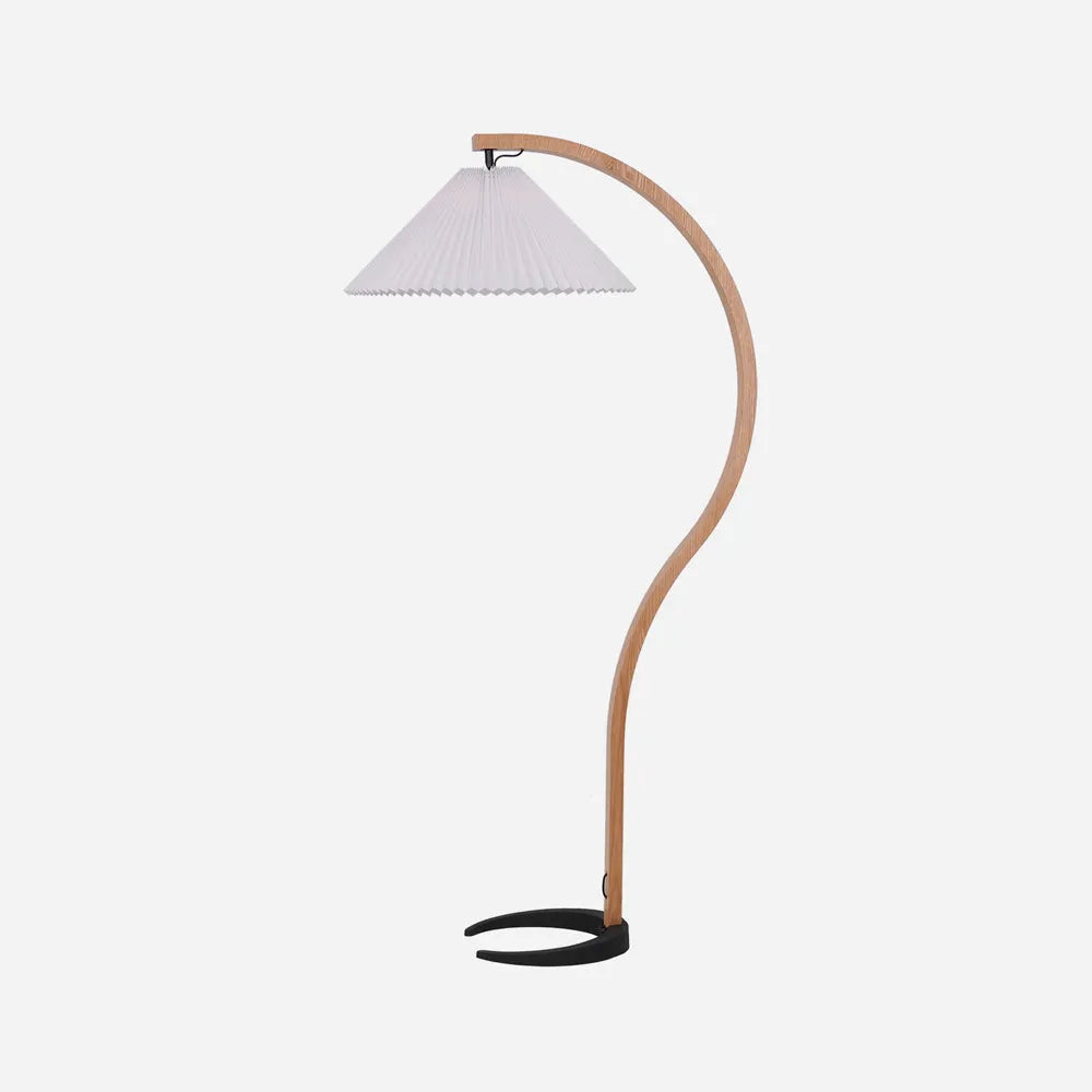 Lámpara de pie para sala con estructura de madera de haya natural y pantalla de lino