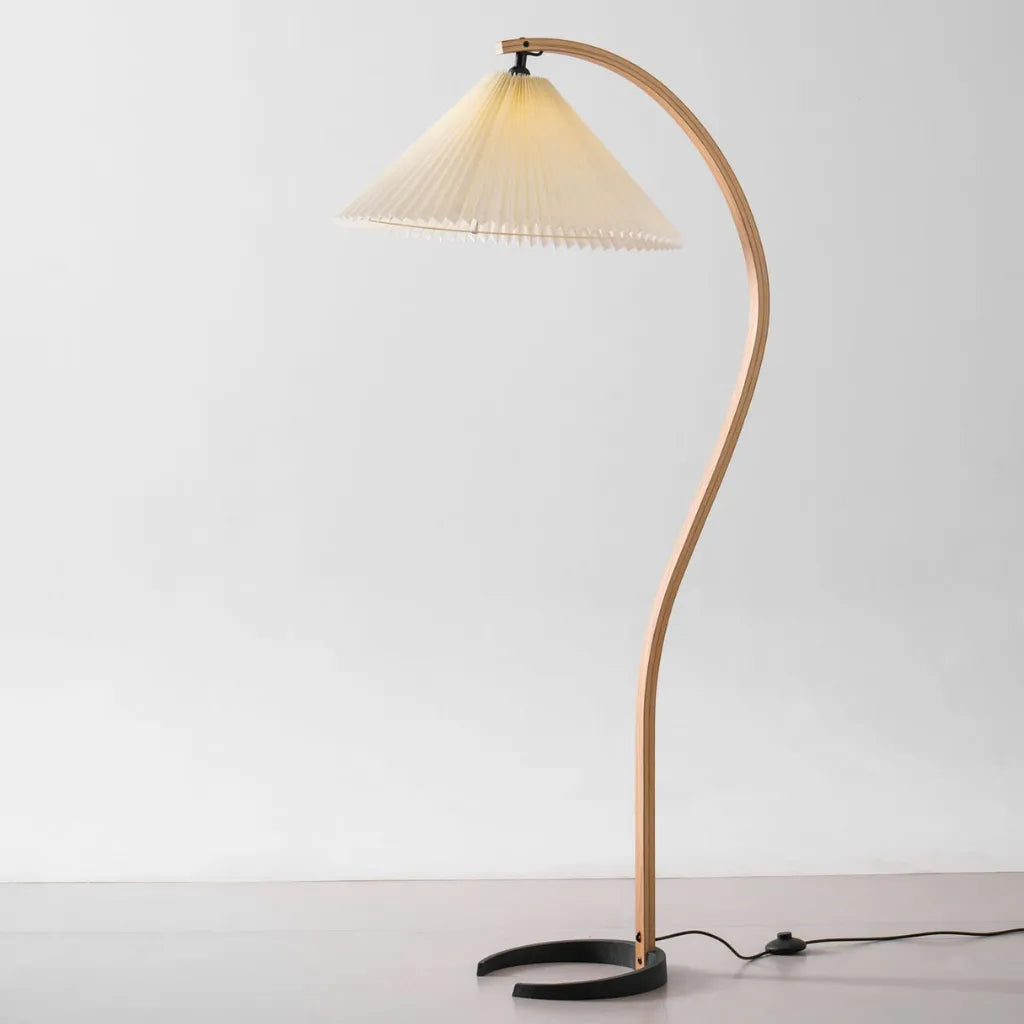 Living Room Floor Lamp with Natural Beech Wood Stem and Linen Shade