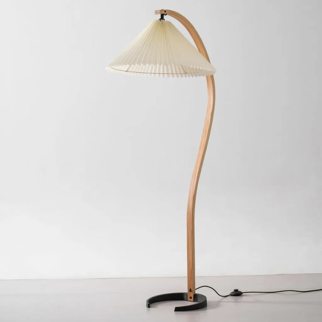 Living Room Floor Lamp with Natural Beech Wood Stem and Linen Shade