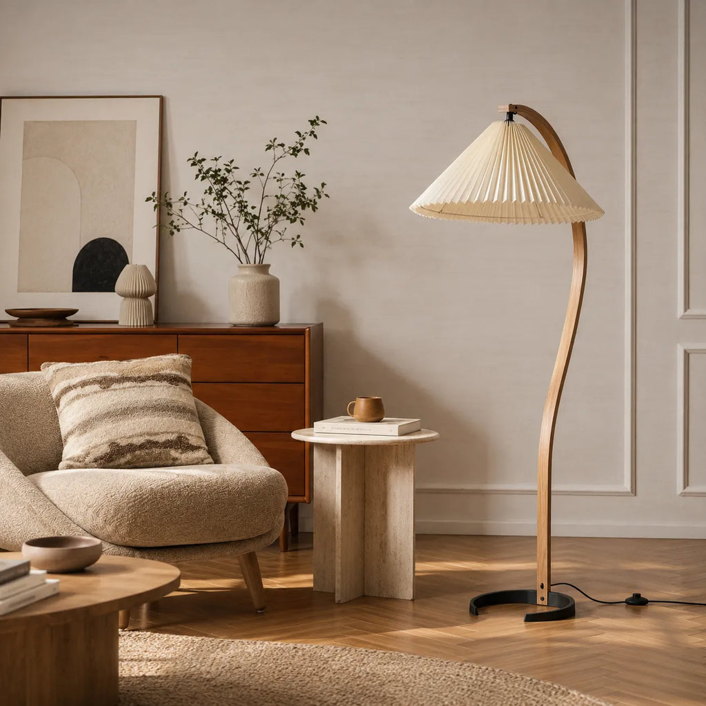 Living Room Floor Lamp with Natural Beech Wood Stem and Linen Shade