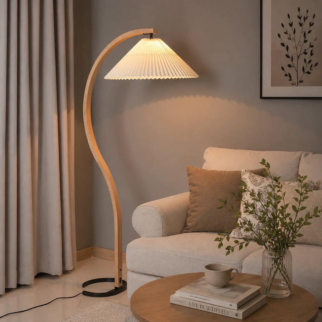 Living Room Floor Lamp with Natural Beech Wood Stem and Linen Shade