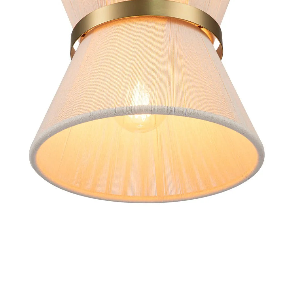 Lampada a sospensione con paralume a clessidra in corda intrecciata e dettagli metallici