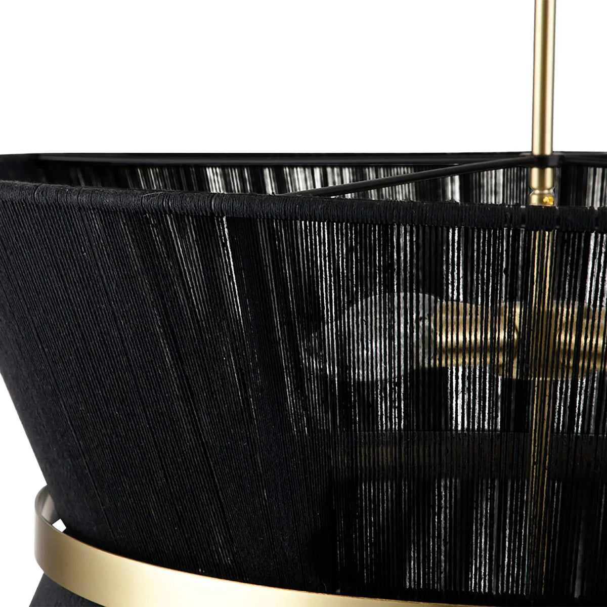 Lampada a sospensione con paralume a clessidra in corda intrecciata e dettagli metallici