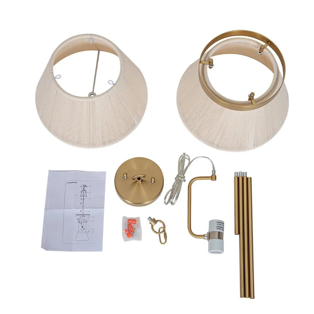 Lampada a sospensione con paralume a clessidra in corda intrecciata e dettagli metallici