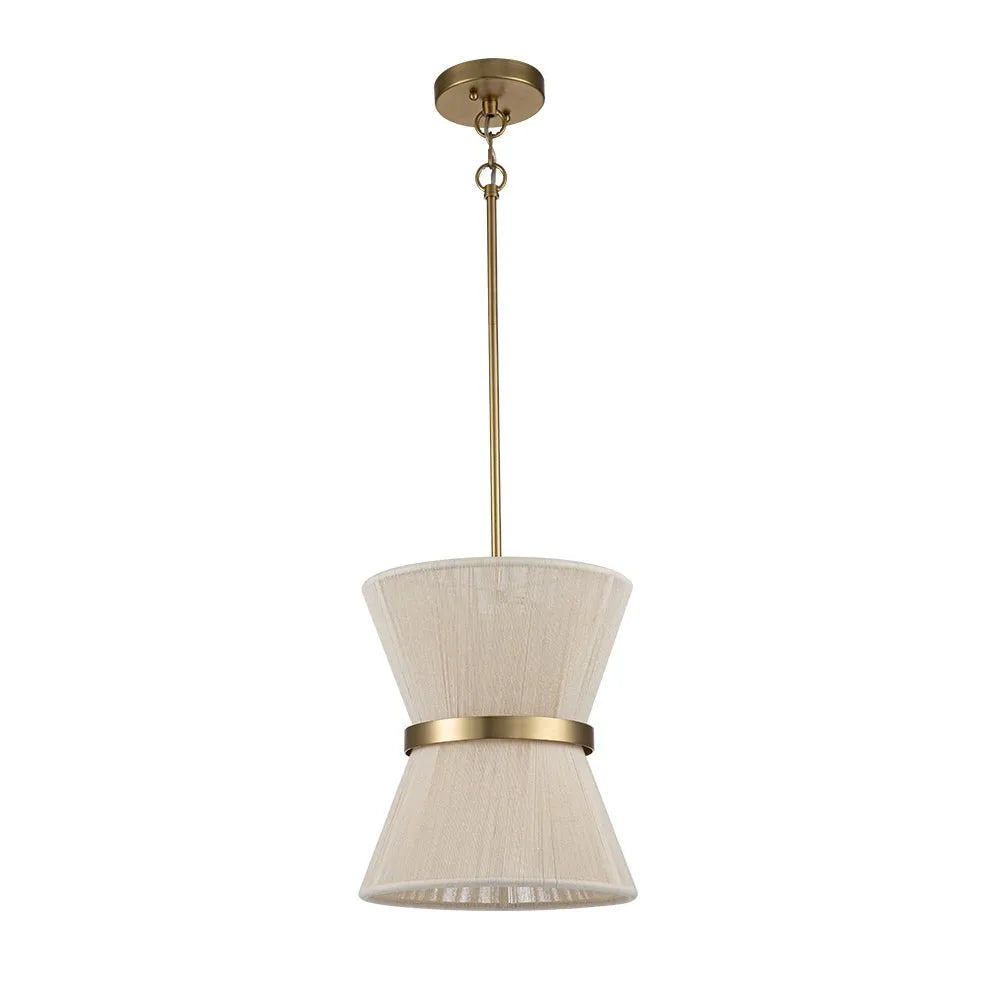 Lampada a sospensione con paralume a clessidra in corda intrecciata e dettagli metallici