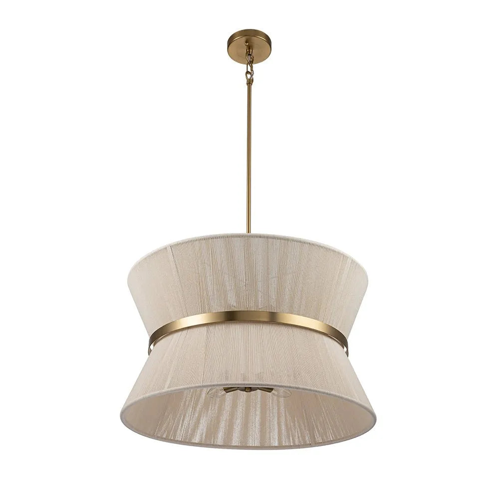 Lampada a sospensione con paralume a clessidra in corda intrecciata e dettagli metallici