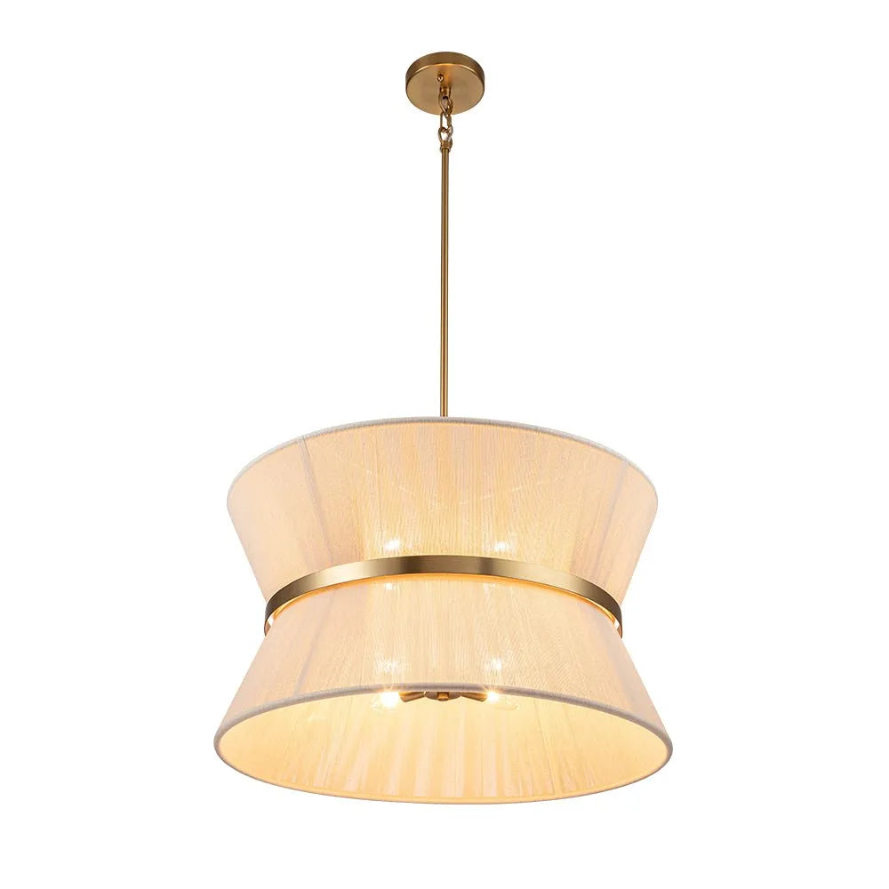 Lampada a sospensione con paralume a clessidra in corda intrecciata e dettagli metallici