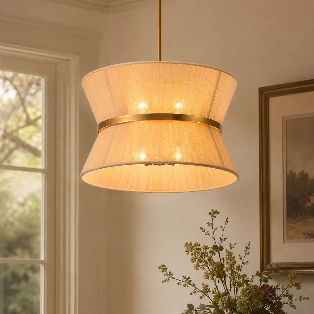 Lampada a sospensione con paralume a clessidra in corda intrecciata e dettagli metallici