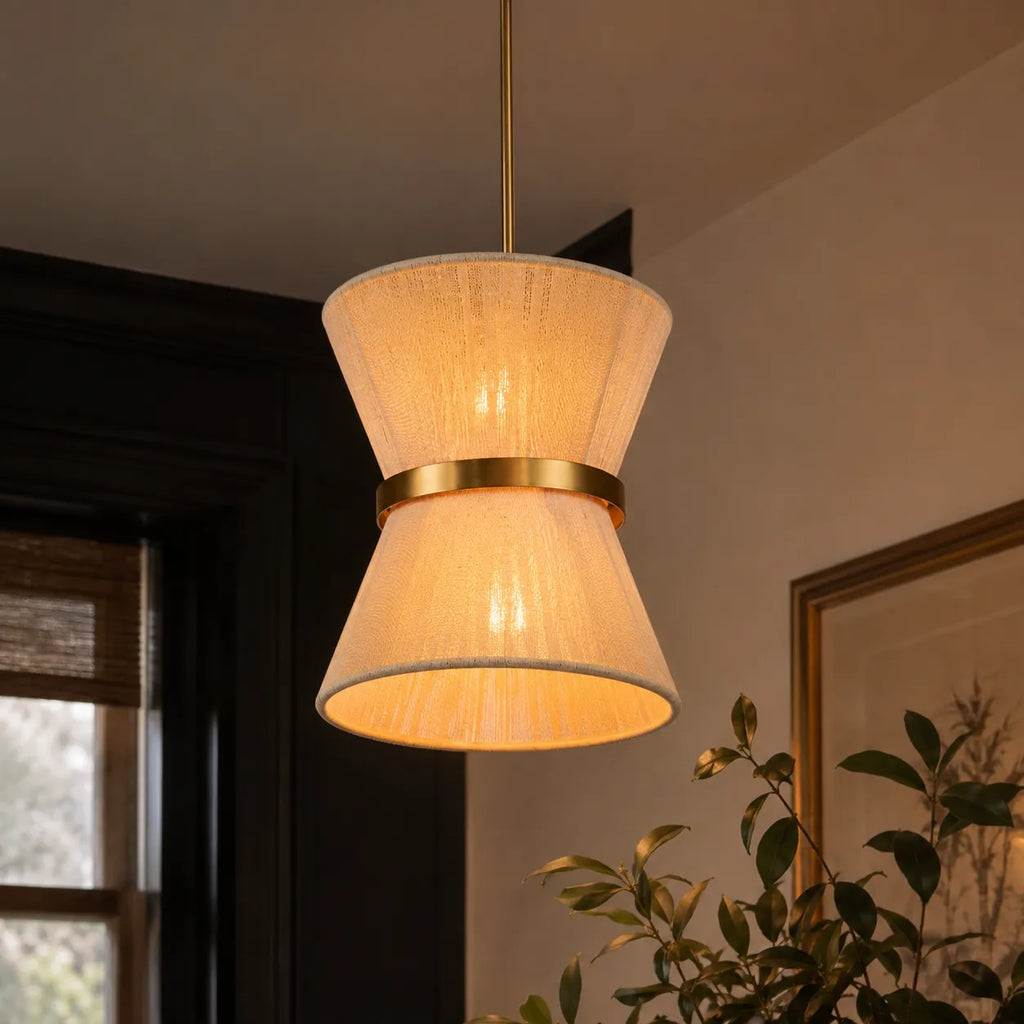Lampada a sospensione con paralume a clessidra in corda intrecciata e dettagli metallici