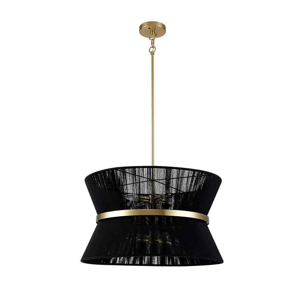 Lampada a sospensione con paralume a clessidra in corda intrecciata e dettagli metallici