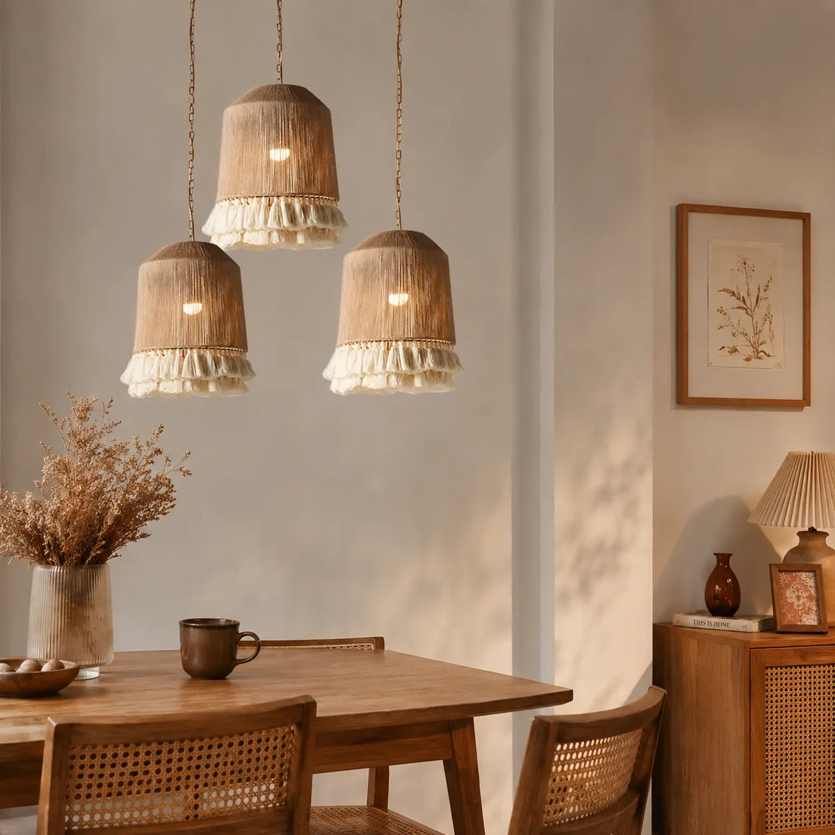 Lustre de salle à manger avec abat-jour en corde de chanvre tissée à la main et diffusion de la lumière par tissu