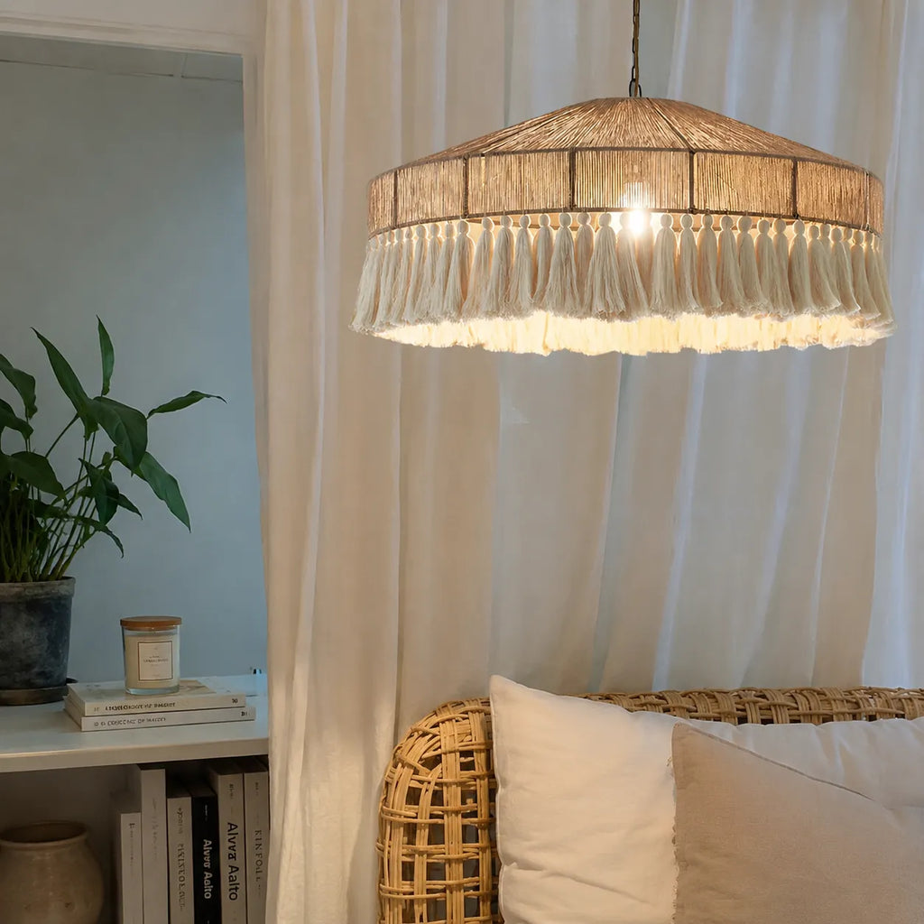 Dining Room Chandelier with Handwoven Hemp Rope Shade and Fabric Diffusion