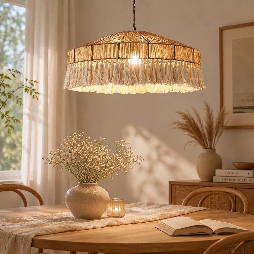 Dining Room Chandelier with Handwoven Hemp Rope Shade and Fabric Diffusion