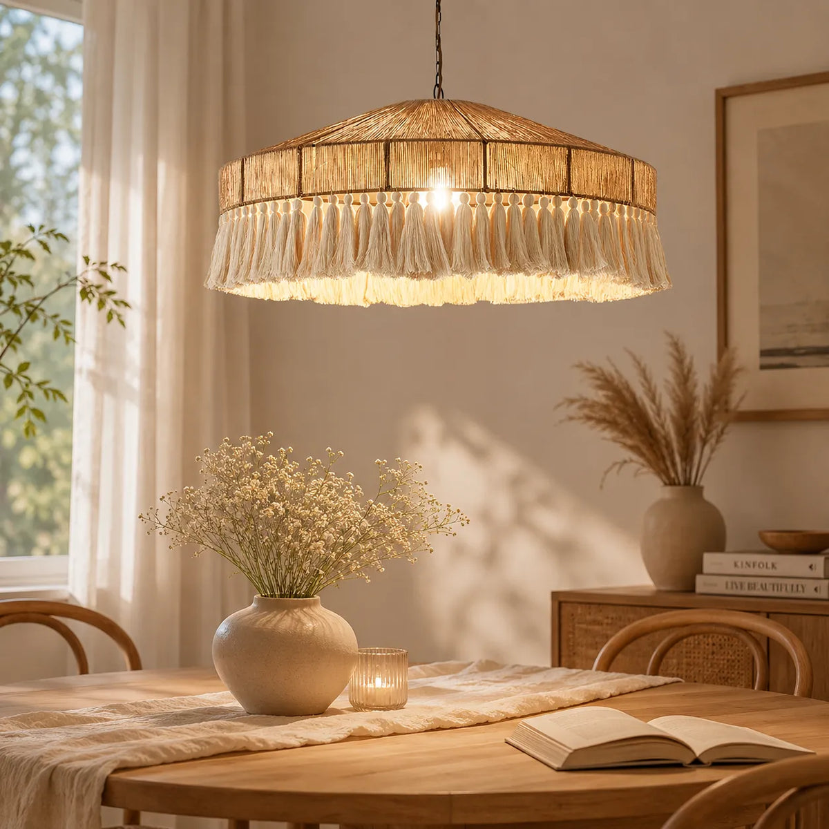 Lustre de salle à manger avec abat-jour en corde de chanvre tissée à la main et diffusion de la lumière par tissu