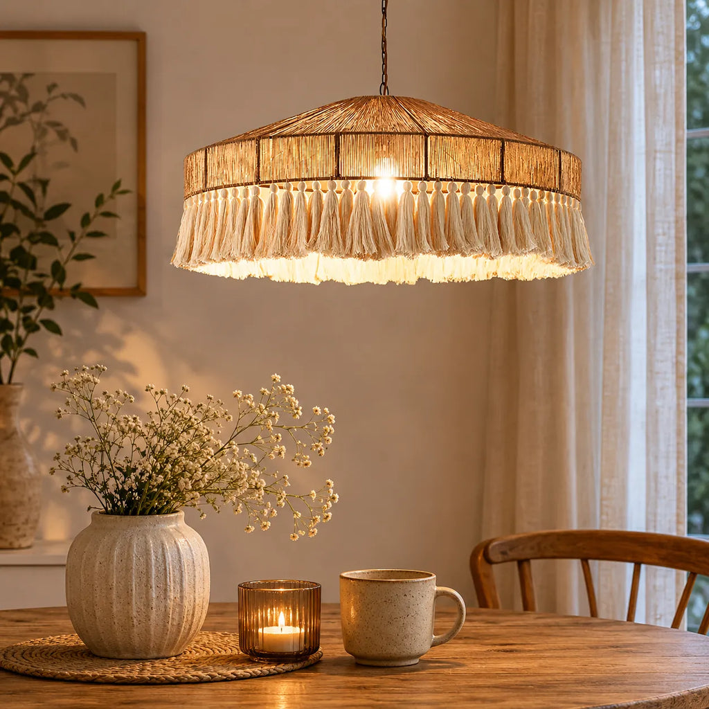 Dining Room Chandelier with Handwoven Hemp Rope Shade and Fabric Diffusion