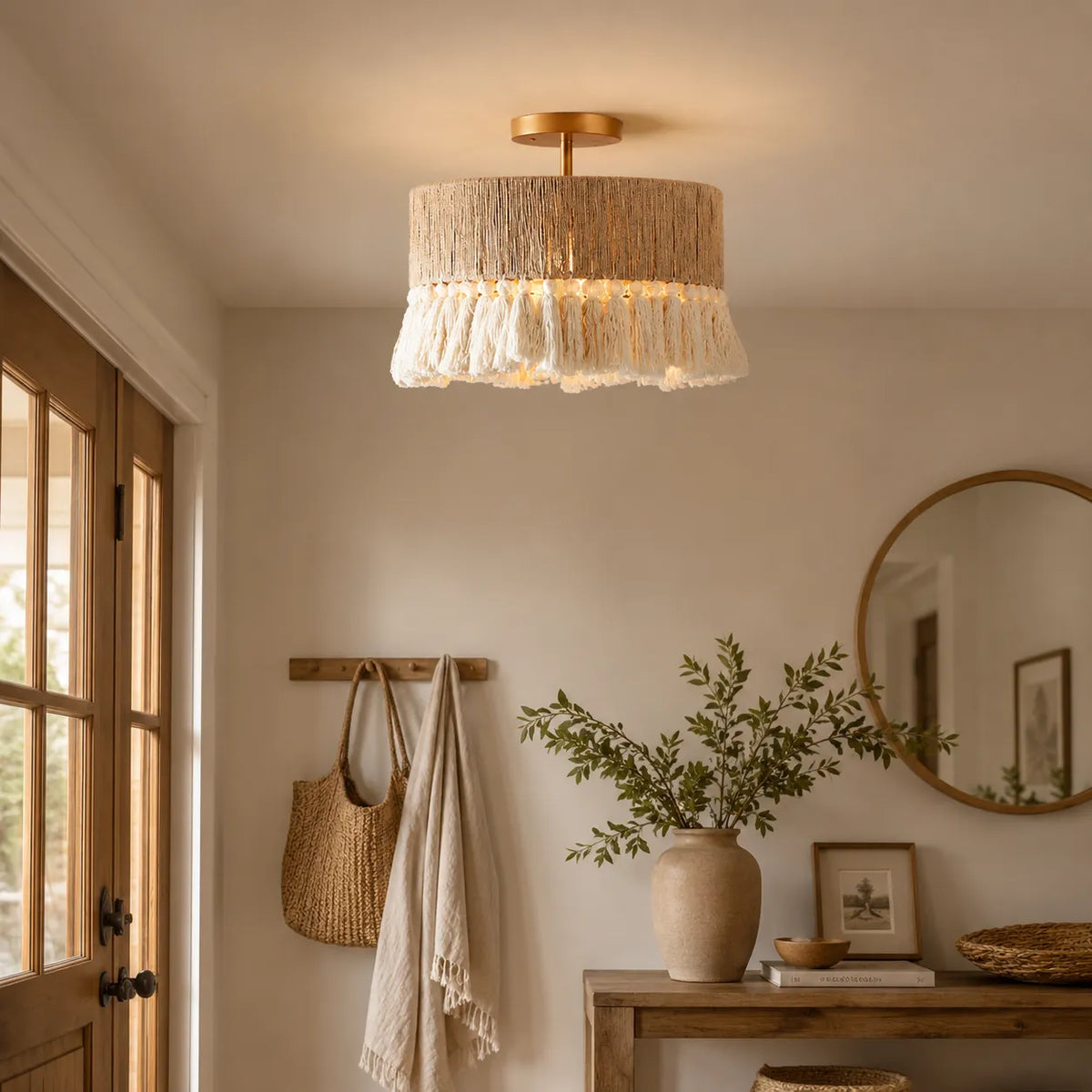 Lustre de salle à manger avec abat-jour en corde de chanvre tissée à la main et diffusion de la lumière par tissu