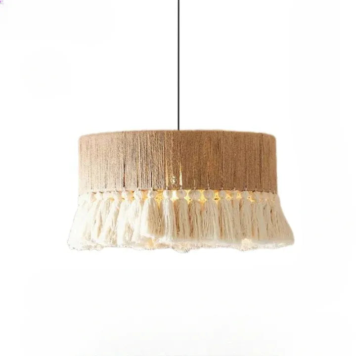 Dining Room Chandelier with Handwoven Hemp Rope Shade and Fabric Diffusion