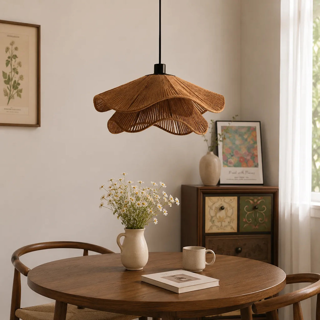 Lampada a sospensione in juta intrecciata a mano, dal design bohémien, per sala da pranzo e camera da letto