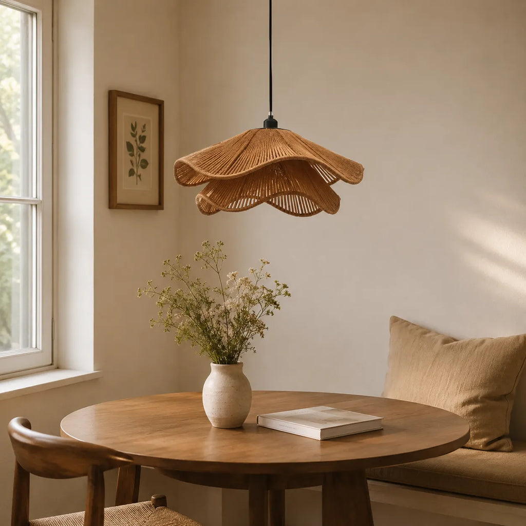 Lampada a sospensione in juta intrecciata a mano, dal design bohémien, per sala da pranzo e camera da letto