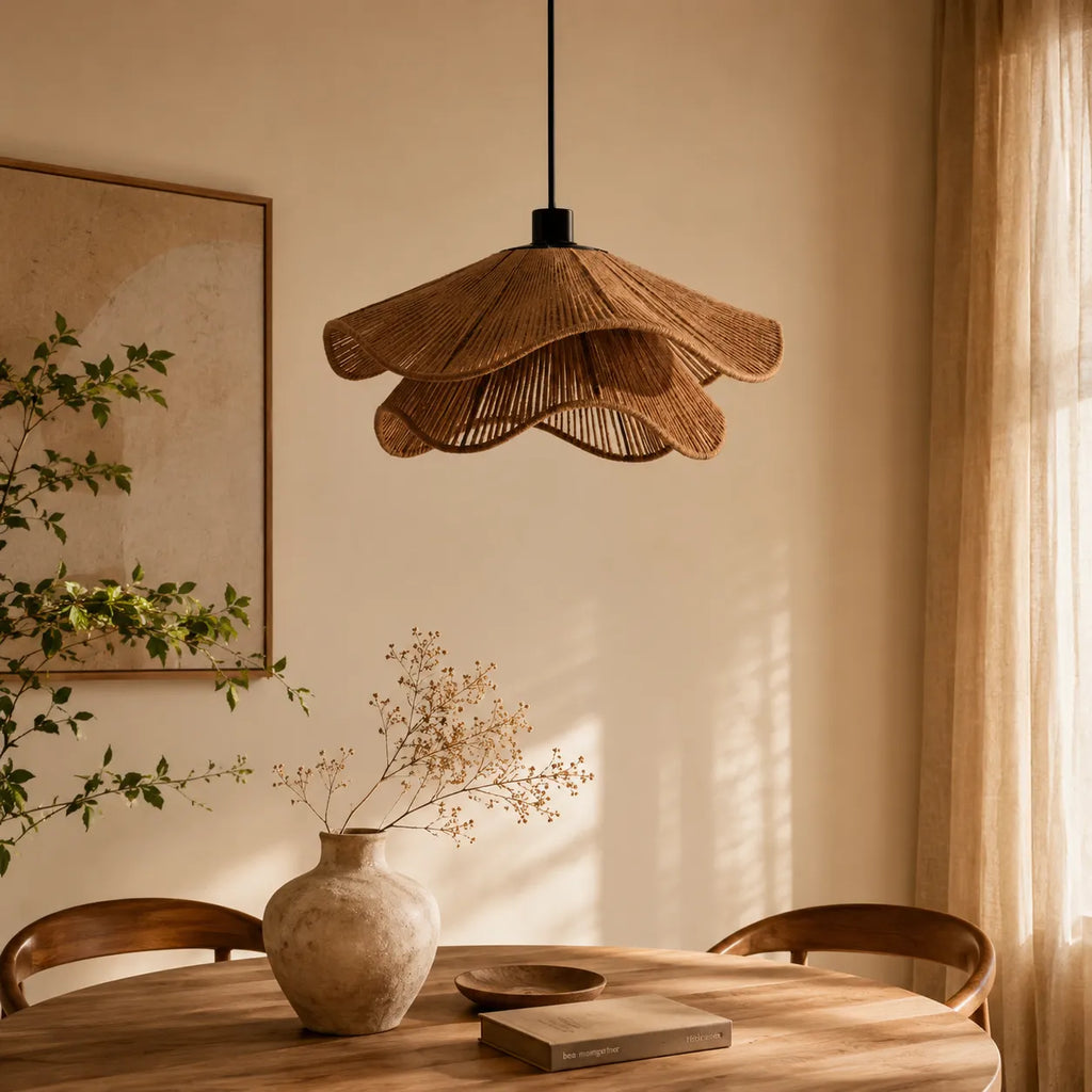 Lampada a sospensione in juta intrecciata a mano, dal design bohémien, per sala da pranzo e camera da letto