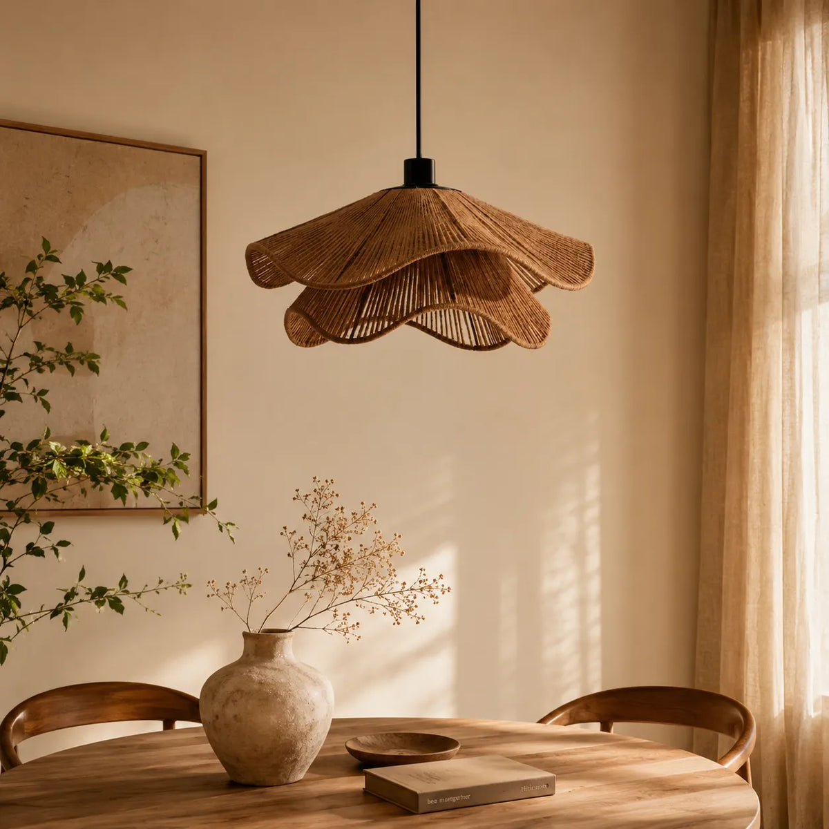 Lampada a sospensione in juta intrecciata a mano, dal design bohémien, per sala da pranzo e camera da letto