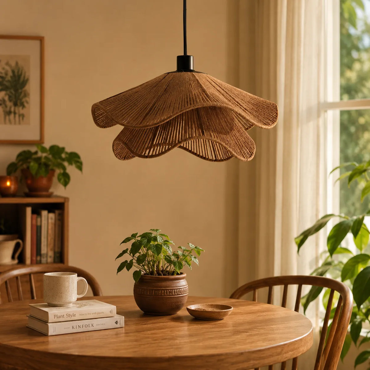 Lampada a sospensione in juta intrecciata a mano, dal design bohémien, per sala da pranzo e camera da letto