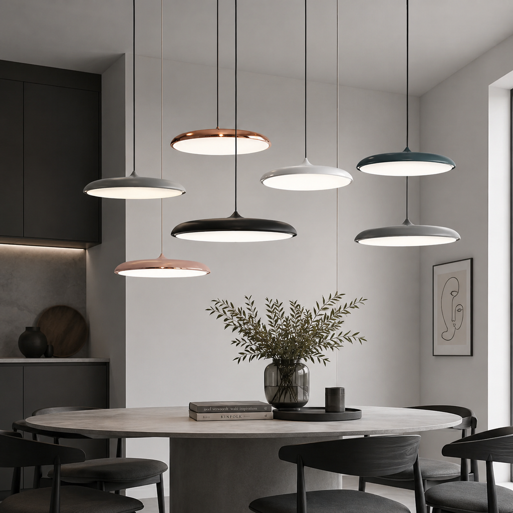LED Pendant Lights with Modern Metallic Disc Design and Integrated Downward Lighting