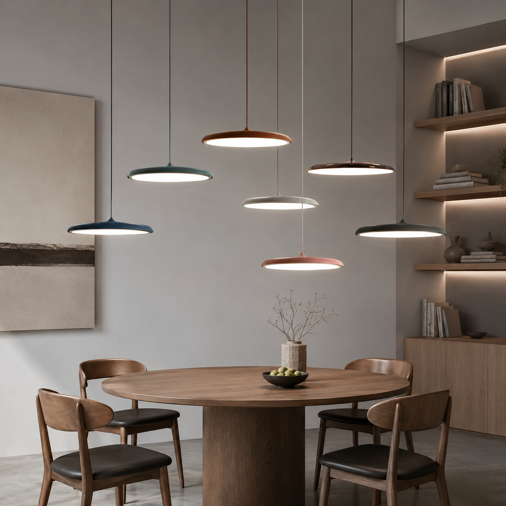 LED Pendant Lights with Modern Metallic Disc Design and Integrated Downward Lighting