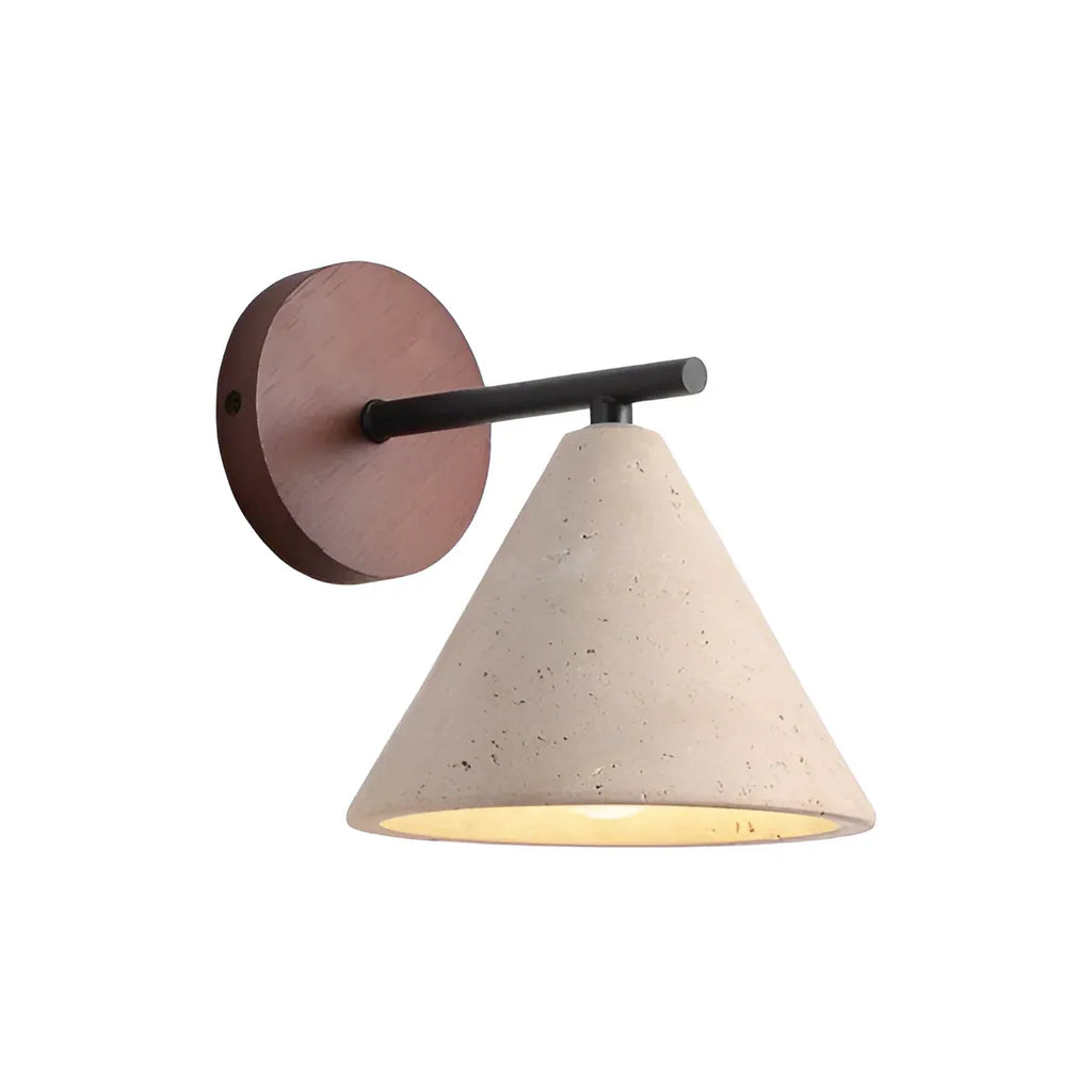 Wandleuchte mit kegelförmigem Travertinschirm und Holzrückplatte, modernes Lichtdesign