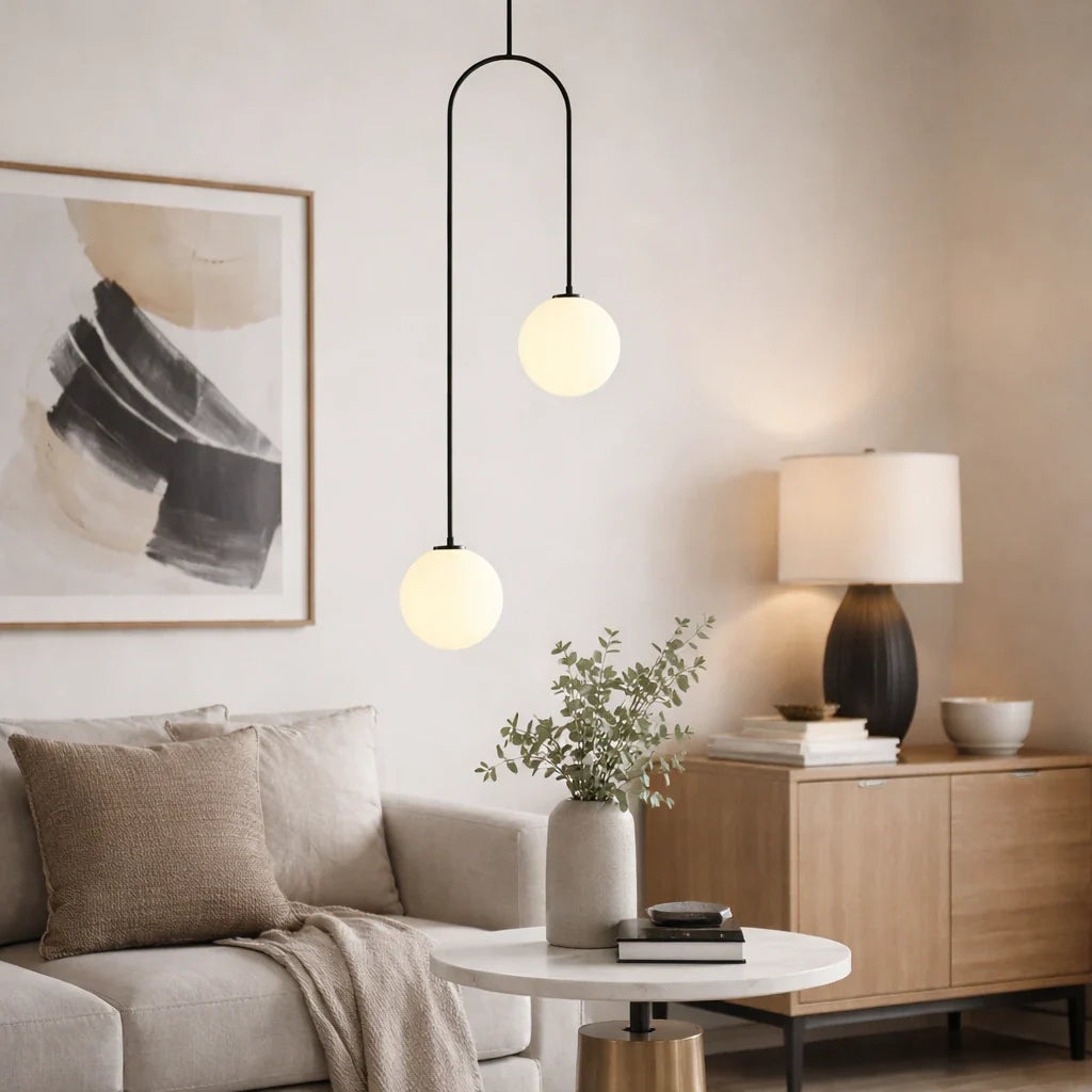 Pendant Light with Double Glass Globes and Adjustable Suspension for Dining Room
